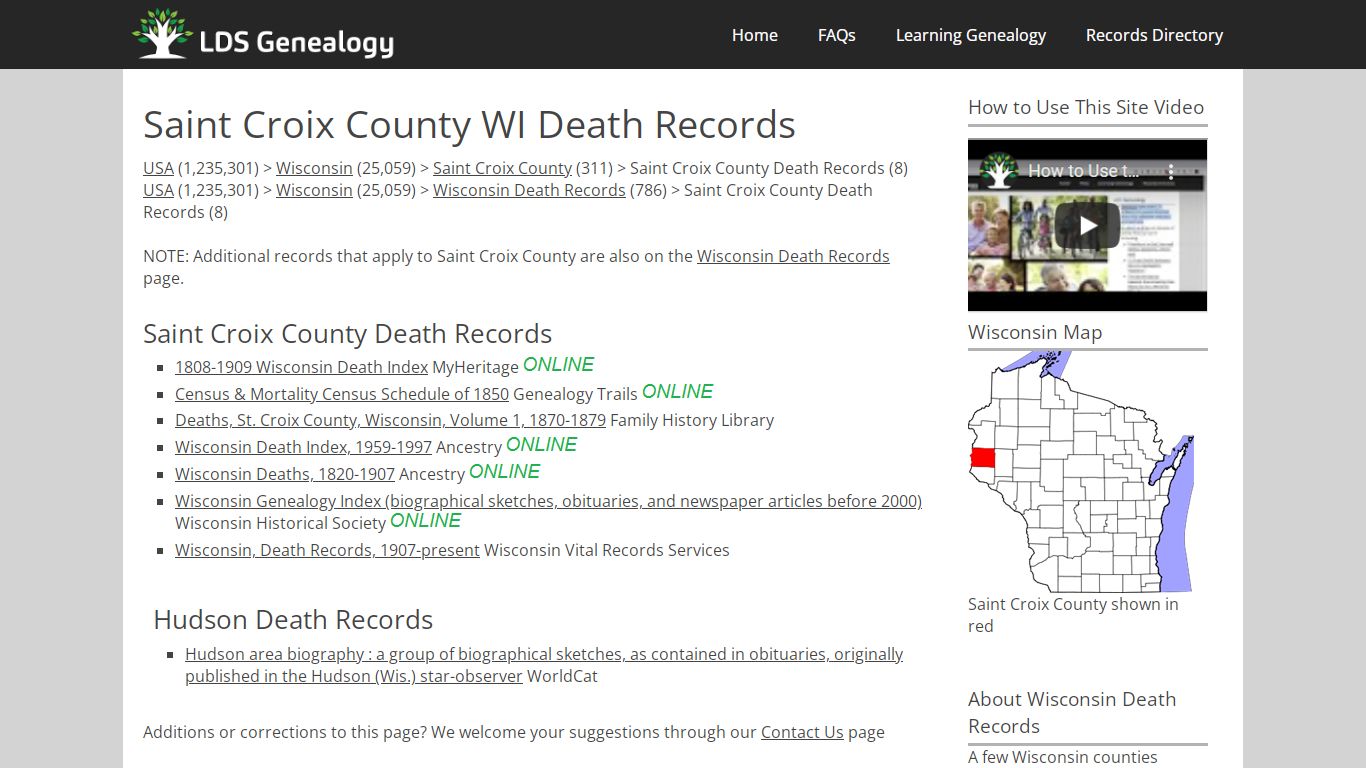 Saint Croix County WI Death Records - LDS Genealogy